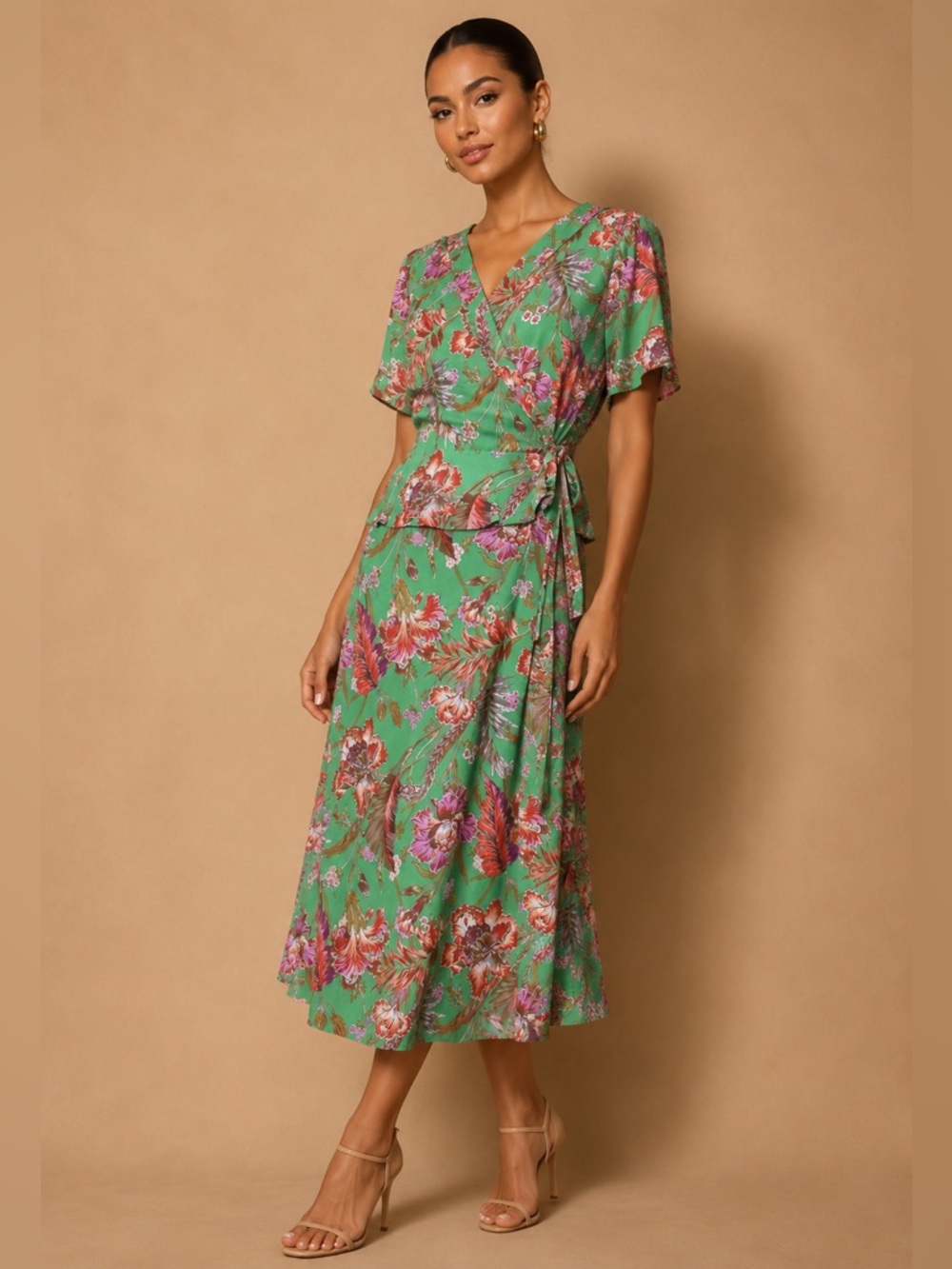 Gibson Latimer Multicolor Green Pink Floral Peplum Faux Wrap Dress NWT
